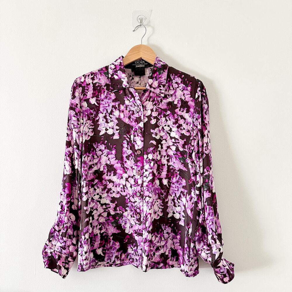Escada by Neiman Marcus Silk Floral Long Sleeve Button Up Shirt Purple 34